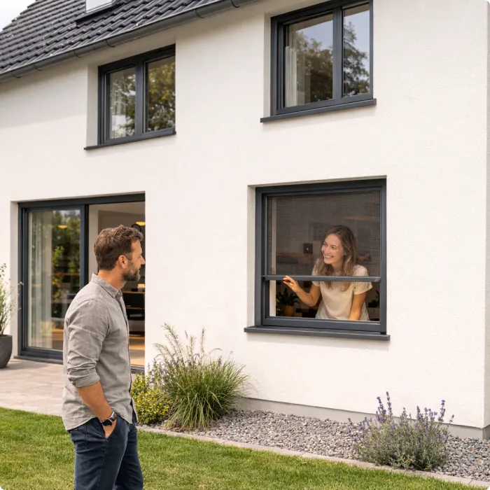 Mann steht vor einem Haus, während eine Frau durch ein Fenster mit Insektenschutz nach draußen schaut