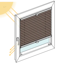 Grafische Darstellung eines Fensters mit geschlossenem Rollo, zeigt starken Wärmeschutz und Reduzierung von Sonneneinstrahlung im Raum